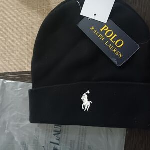 Ralph Lauren Black Knit Beanie with White Pony